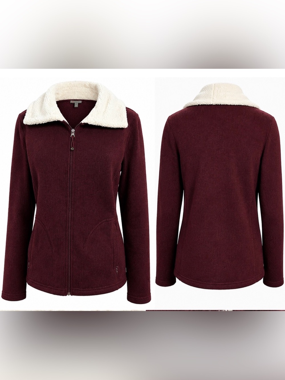 Talbots Medium Burgundy Zip-Up Fleece Jacket Sherpa Collar Stretchy Size Medium